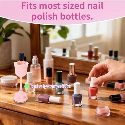 Pink Rose-Shaped Nail Polish Bottle Holder with 360° Rotating Stem and Strong Suction