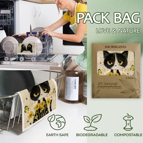 Morigins Cat Swedish Dishcloths - Biodegradable & Reusable Kitchen Towels