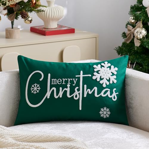 Christmas Pillow Covers 12x20 Inch Snowflake Embroidery Holiday Decor Green White