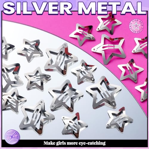YGDZ Silver Star Hair Clips Set 30 Pcs Metal Y2K Hair Barrettes