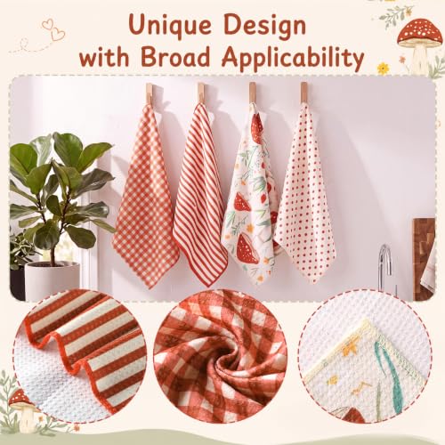 Mushroom Pattern Kitchen Towels Set - 4 Pcs Red Beige Waffle Dish Towels - VitalCozy