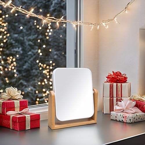 YEAKE 8-Inch Double-Sided Makeup Mirror with Bamboo Stand