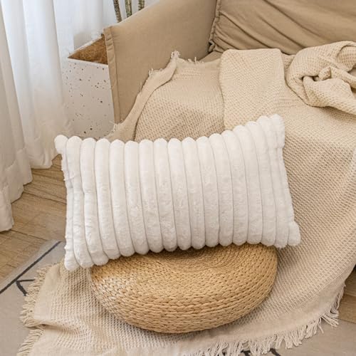 JoraLion Cream Faux Fur Lumbar Pillow Cover 14x24 inch - Soft & Cozy