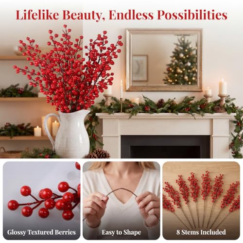 8pcs Red Berry Stems for Christmas Decorations, Artificial Holiday Floral Picks