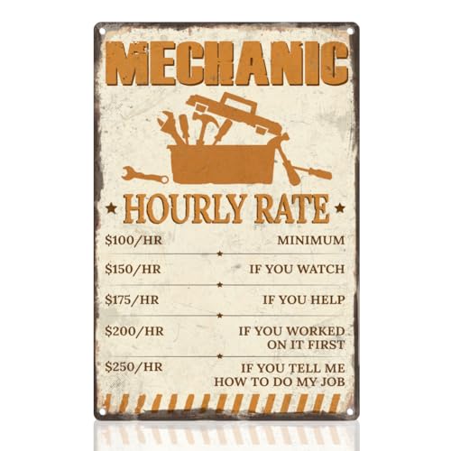 Vintage Mechanic Hourly Rate Metal Wall Sign - 12" x 8"