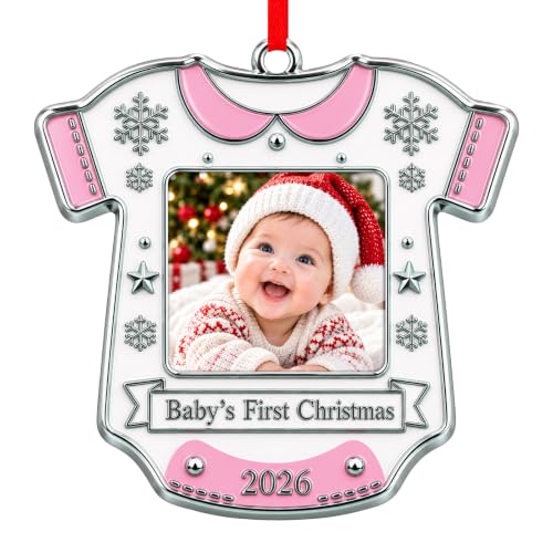 Baby's First Christmas 2026 Ornament with Photo Frame - Pink, Metal, Style 3