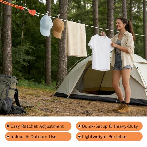 Aurosturt 19FT Orange Retractable Clothesline Outdoor Camping Travel