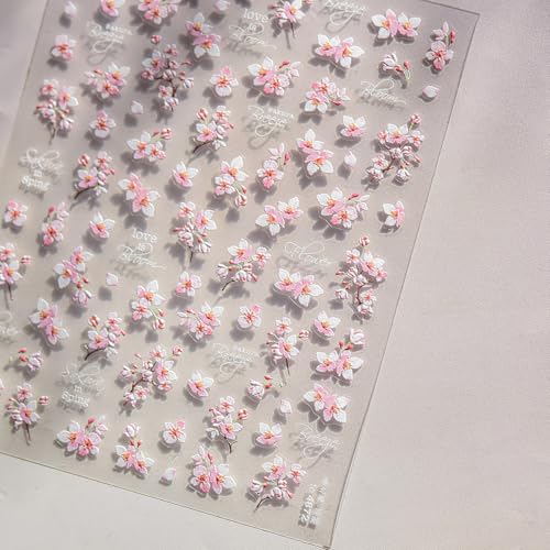 5D Embossed Cherry Blossom Nail Art Stickers Pink Floral Decals