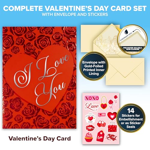 Elegant Red Foil Embossed 5x7 Valentine Card Set with Stickers