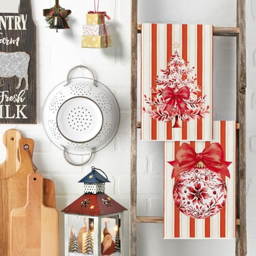 Christmas Kitchen Towels Set - Red Stripe Xmas Tree 18x26 Inches Farmhouse Decor