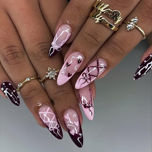 Valentines Day French Tip Press on Nails Medium Almond Fake Nails