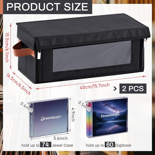 Windyun Stackable CD Storage Box, 2-Pack, Holds 74 CDs with Window & Zipper