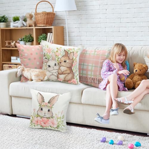 YUJUN Easter Pillow Covers - 18x18in Rabbit & Flower Design, 4 Pack