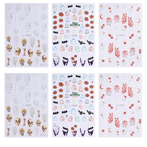 WULIUFLY 6 Sheets Halloween 3D Self-Adhesive Nail Art Decals Ghost Skull Pumpkin