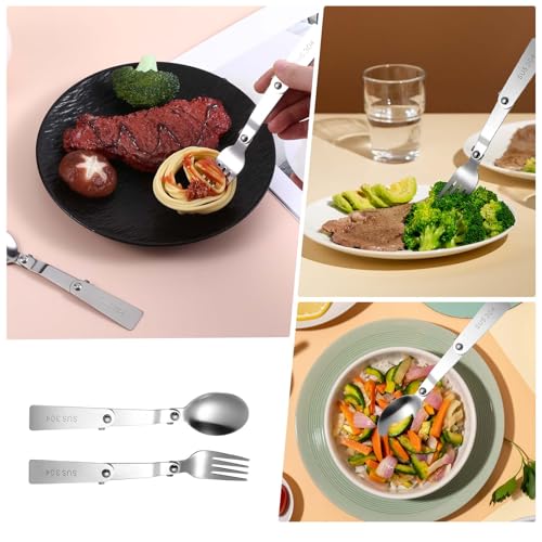4PCS Foldable Spoon Fork, Stainless Steel Portable Folding Spoons Forks Set Spoon Replacement Metal Serving Spoons Foldable Utensils Fork Compatible with Lunch Box Food Jar for Outdoors Travel
