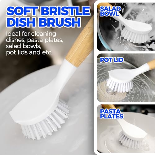 Holikme Bamboo Handle Dish Brush Set - 3 Pack Kitchen Scrubbers