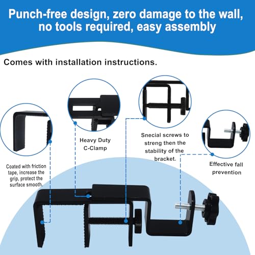 LAZTZQ No-Drill Curtain Rod Bracket, Adjustable 1.3-2 Inch Clamp - Black, 2PCS