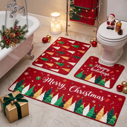 Christmas Bathroom Rug Set with U-Shaped Toilet Cover - Festive Tree & Gift Design (Variation of THIS listing)