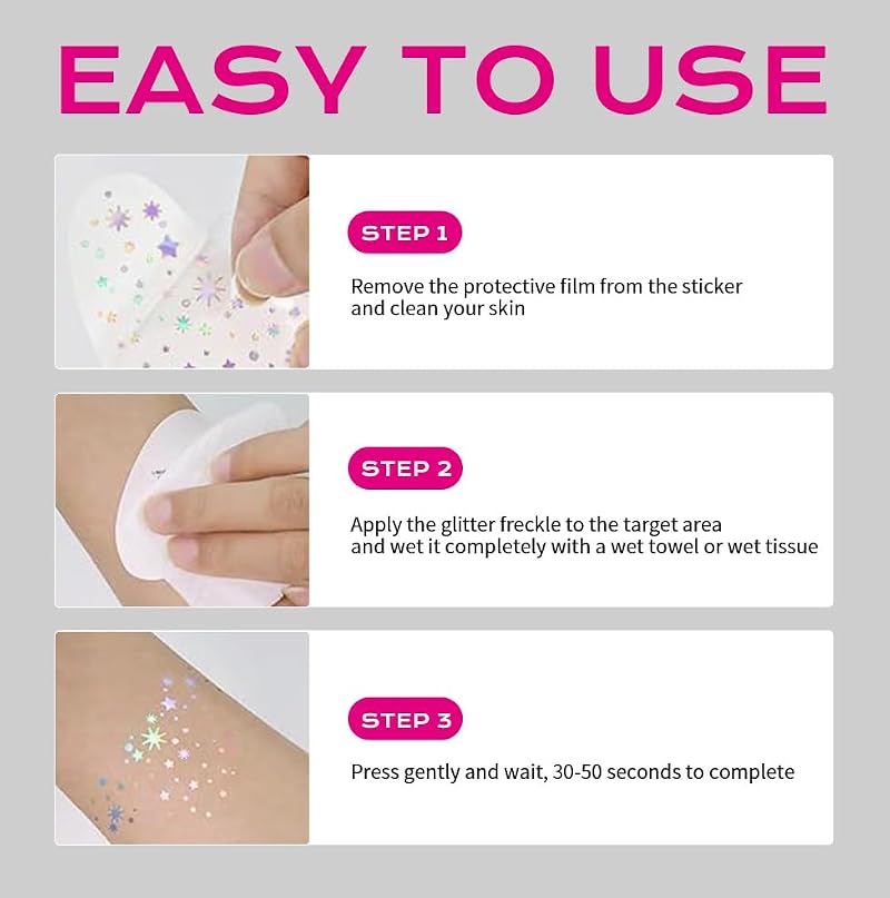 TEIHWAL 8 PCS Holographic Glitter Freckles Face Tattoo Stickers, Waterproof Rainbow Sparkle Makeup Patches for Music Festivals