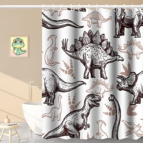 Dinosaur World Sketch Shower Curtain - Waterproof Polyester, 36x72 Inch Tan