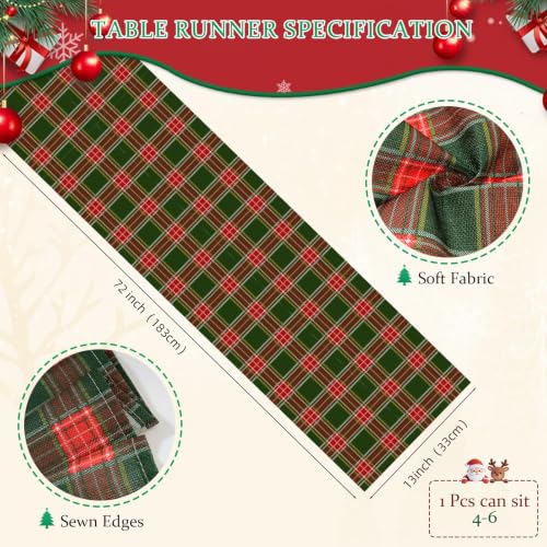 Christmas Plaid Table Runners Set - 72x13 Inch Scottish Tartan Holiday Decor - Green & Red