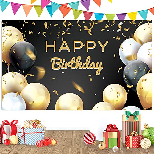 Happy Birthday Backdrop Banner - Black and Gold Party Decoration