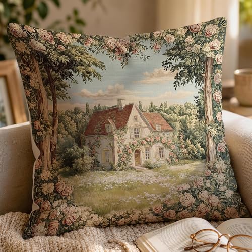 Vintage French Country Floral Pillow Covers, 18x18 Scene Cottage Set of 2