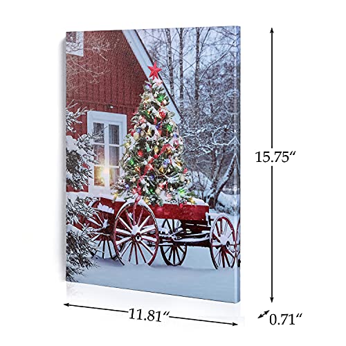 Christmas LED Lighted Canvas Wall Art - Snow House & Tree Scene - Red Variation