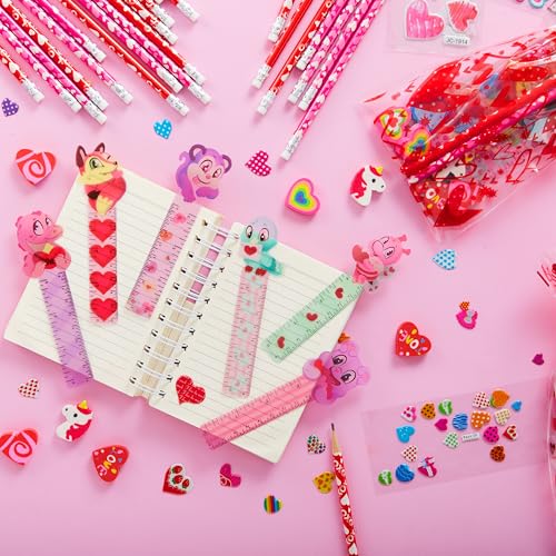 JOYIN 28 Pack Valentines Day Stationery Set Assorted for Kids, with Pencils Sticker Eraser and Rulers, and Holiday Reward Prizes Classroom School Exchange Gift