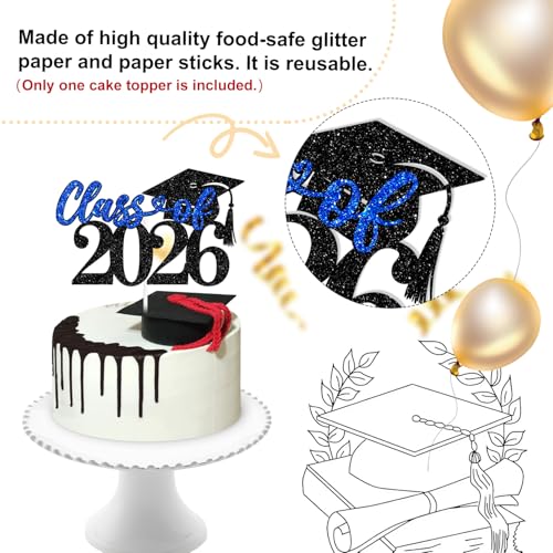 Class of 2026 Graduation Cake Topper - Black & Blue Glitter
