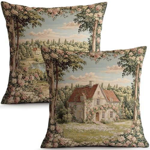 Vintage French Country Floral Pillow Covers, 18x18 Scene Cottage Set of 2