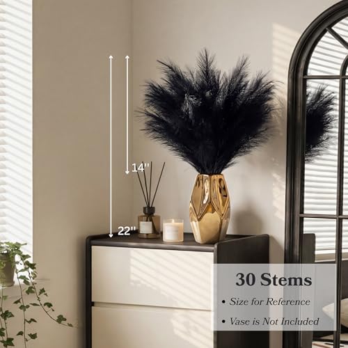 30Pcs Black Faux Pampas Grass, 22'' Fluffy Artificial Stems for Home Decor