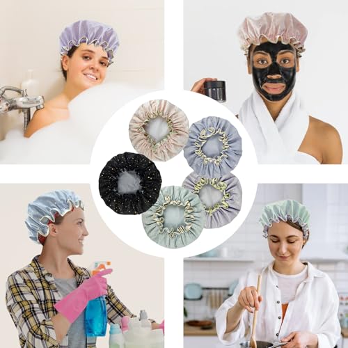 2 Pack Waterproof Shower Caps for Women - Reusable Elastic Hair Bonnet