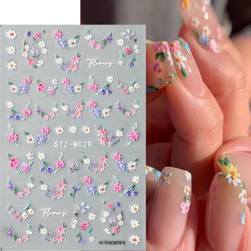 KAICCOSO 3D Embossed Floral Nail Art Stickers Daisy Spring Decals