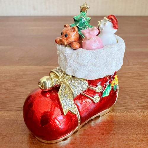 Hand Painted Enamel Santa Boots Trinket Box - Christmas Jewelry Storage - Red Variation