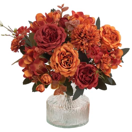 2 Pcs Artificial Fall Peony & Hydrangea Bouquet - Orange Red Silk Flowers
