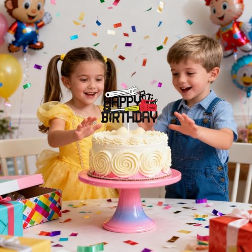 Mechanic Themed Happy Birthday Cake Topper - Glitter Tool Design