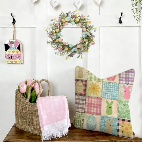Easter Bunny Pillow Cover 18x18 Inch, Colorful Buffalo Plaid Linen Case