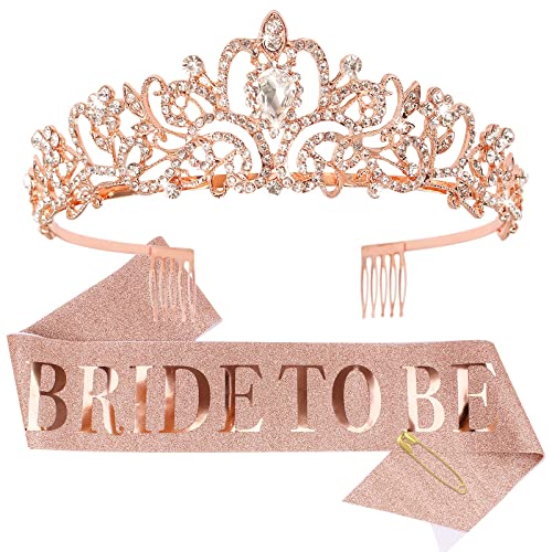 Rose Gold Bride To Be Sash & Crystal Crown Set for Bridal Shower - Bride To Be Variation