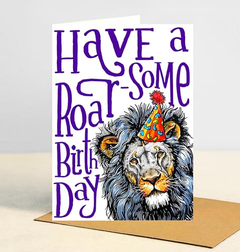 Funny Lion Birthday Card with Party Hat - 5x7 inches