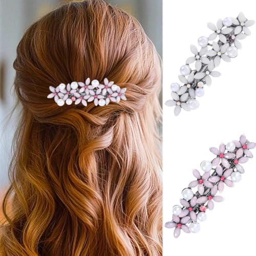 EASEDAILY Pearl Hair Barrettes - Floral French Hair Clips Pack of 2