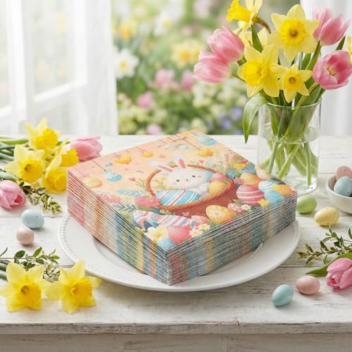 Easter Bunny & Eggs Paper Napkins - 50 Pcs Disposable Decor