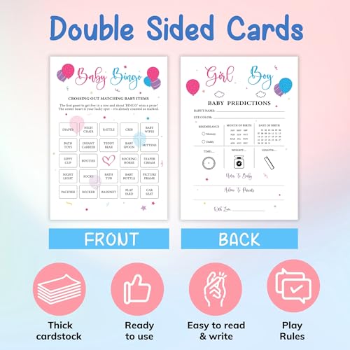 Baby Gender Reveal Games Set - 50 Double-Sided Cards, 4 Fun Activities