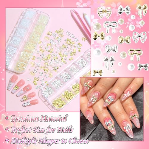 BELICEY 3D Gold Silver Bow Nail Charms & Flatback Pearls Set