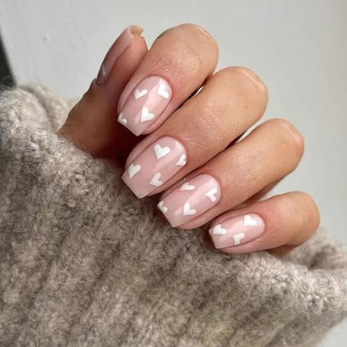 Valentine's Day Press On Nails Short Square Nude Fake Nails Heart Art