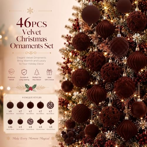 Brown Velvet Christmas Ornaments Set - 46 Shatterproof Holiday Decor