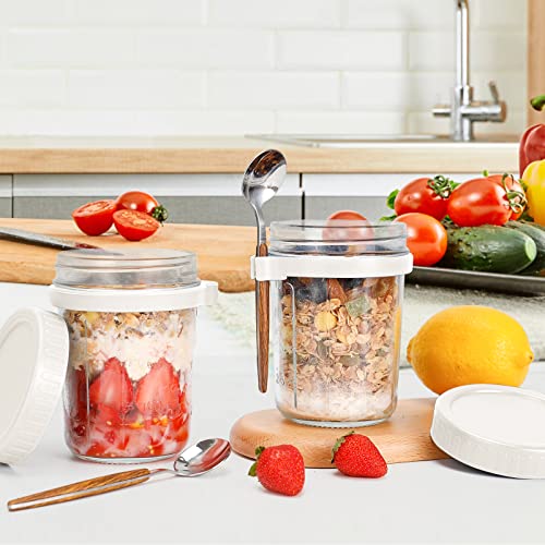 PFUM Overnight Oats Jars with Spoon & Lid - 16 oz, 2 Pack, White