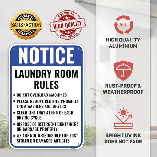 Laundry Room Rules Sign - 14x10 Inch Durable Aluminum Laundromat Wall Decor