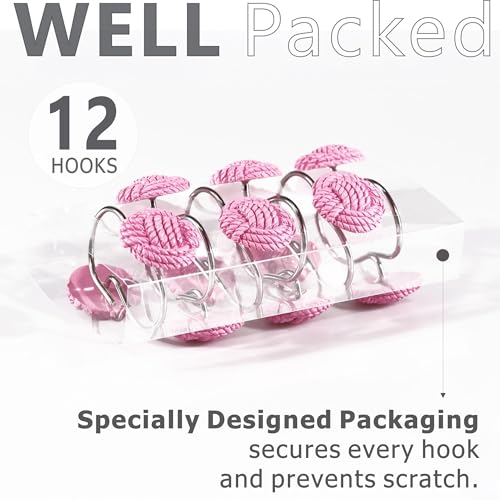 Popkozzi Boho Nautical Shower Curtain Hooks - Matt Pink Rope Knot Rings