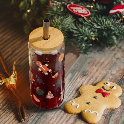 Joeyan Christmas Glass Cups with Lids & Straws - Gingerbread Man Tumbler, 20oz, Style 13